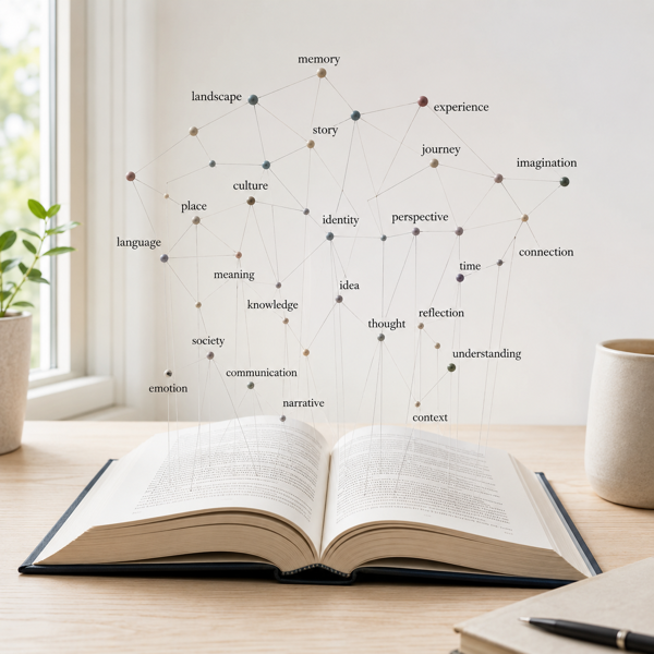 A book with a semantic network of words rising from its pages