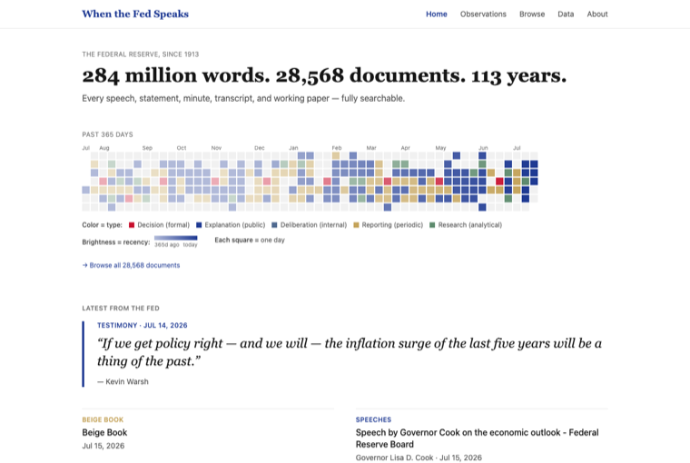 Screenshot of the When the Fed Speaks website