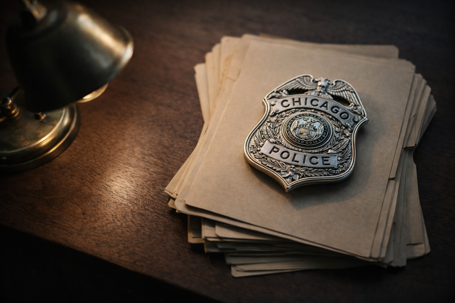 A Chicago Police badge resting on a wooden desk