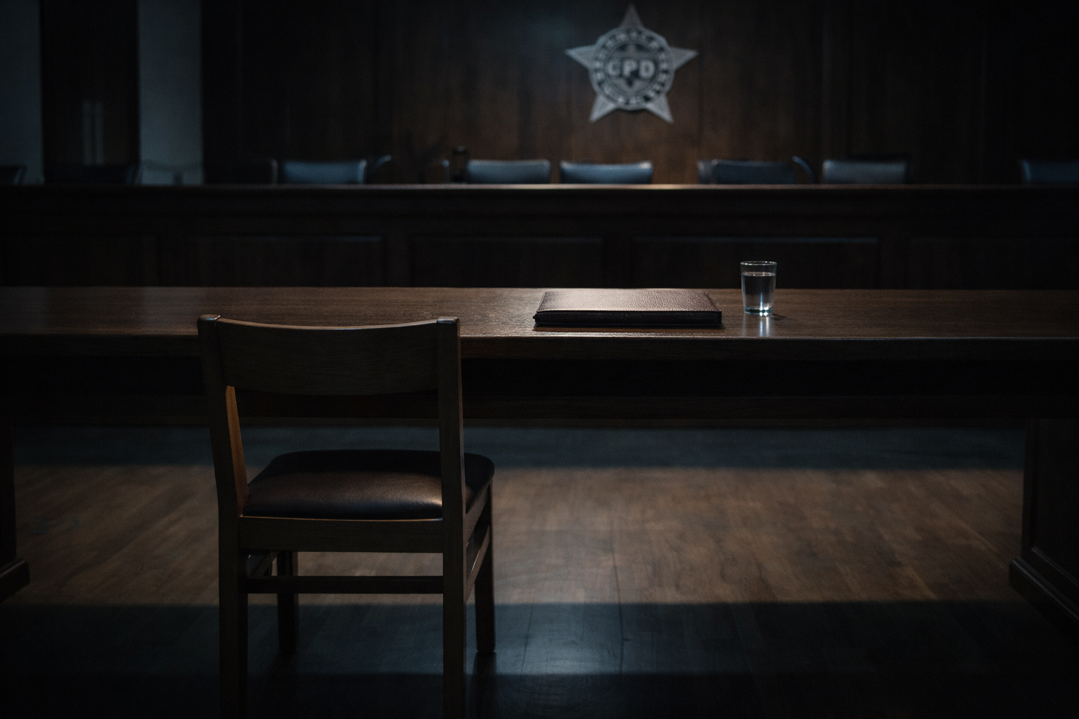 An empty witness chair in a disciplinary hearing room