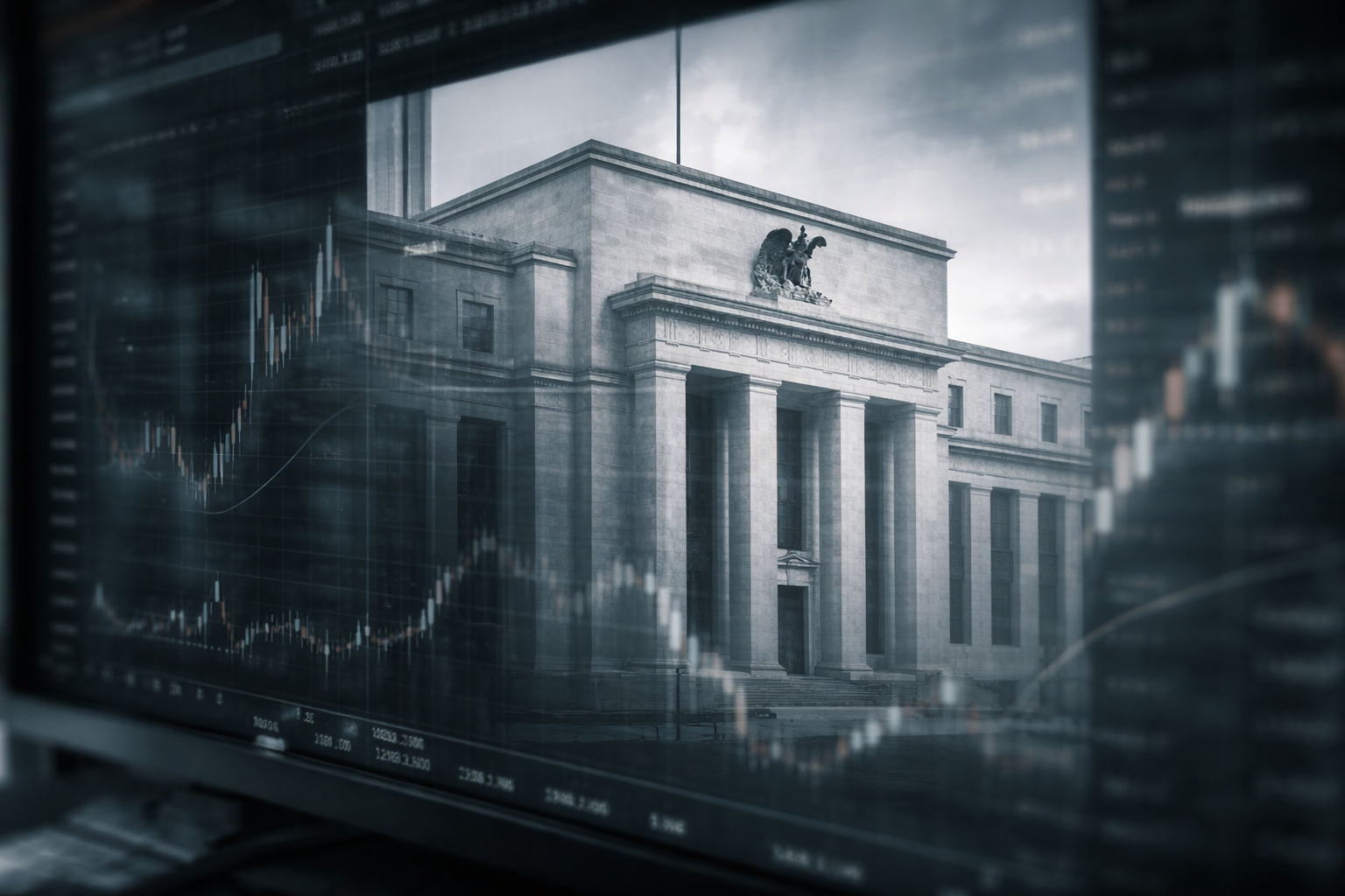 The Federal Reserve building reflected on a financial market screen