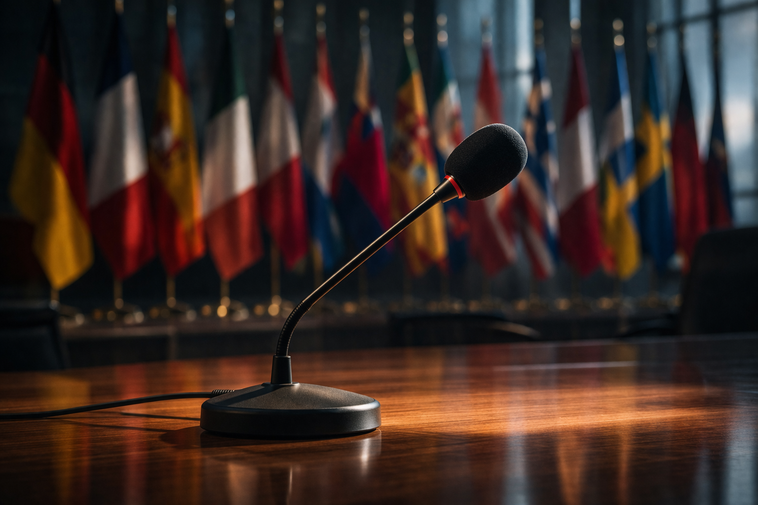 A conference microphone in front of European Union flags