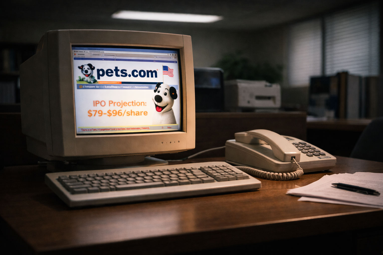 A 1990s desktop computer displaying an early dot-com era webpage