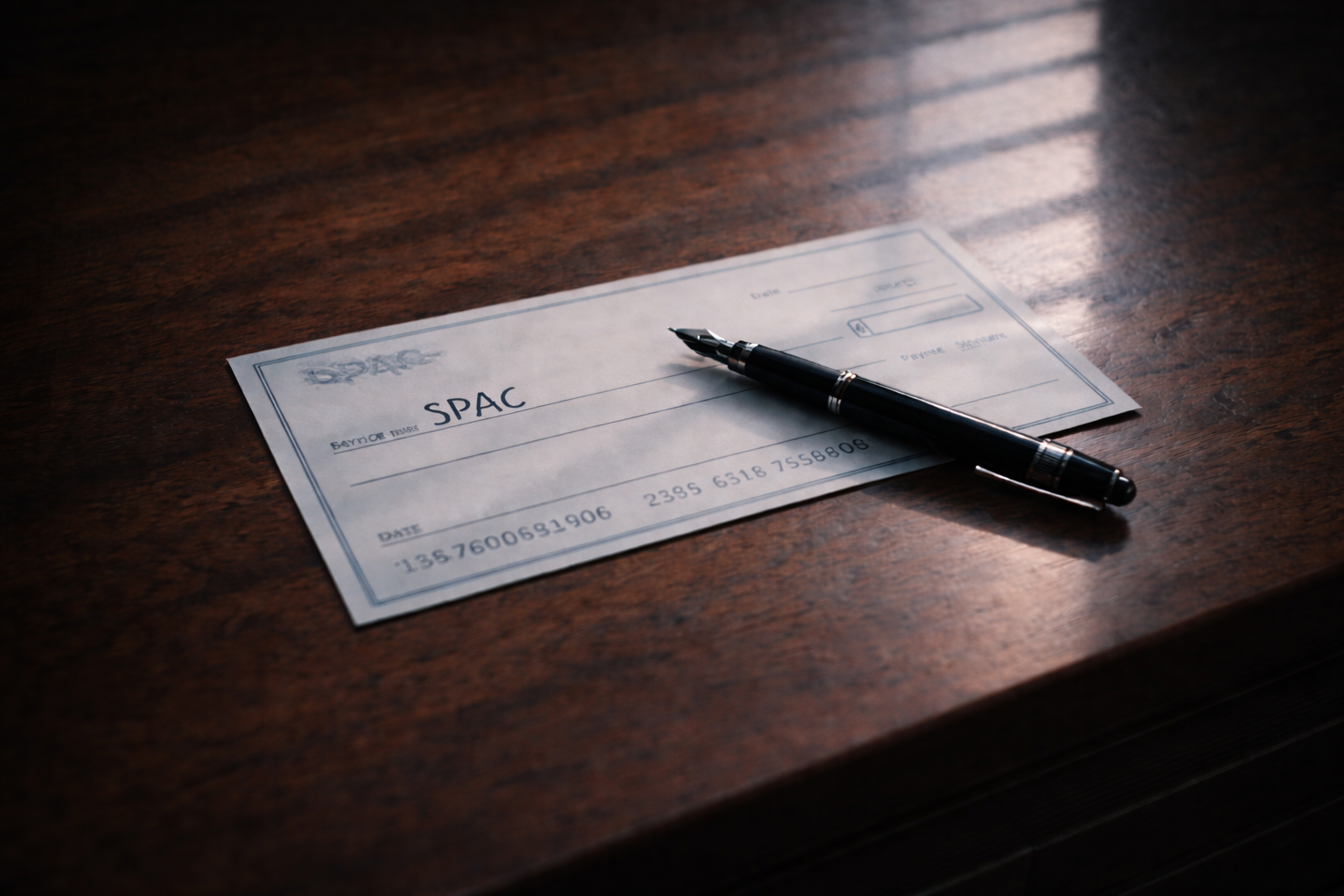 A blank paper check and a fountain pen on a wooden desk