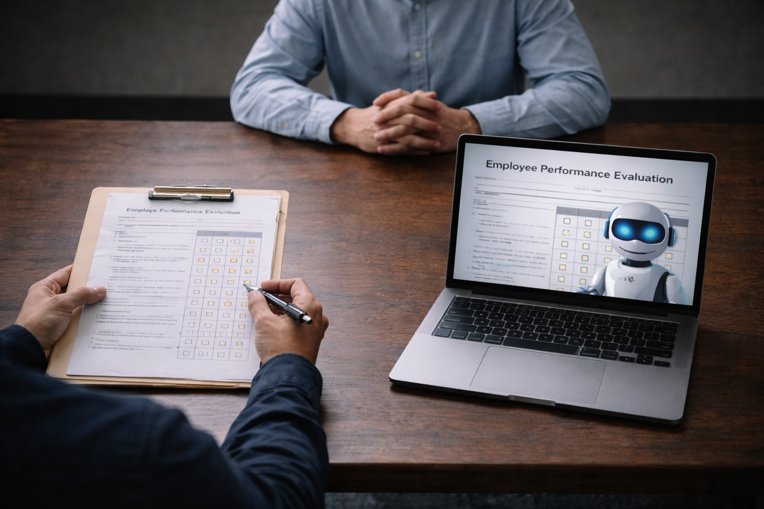 An employee performance review session in an office